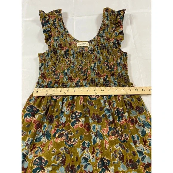 Natural Life Women Olive Green Floral Smocked Tiered Ruffle Maxi Dress Small - Picture 6 of 9